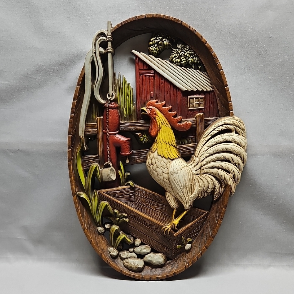 1974 Burwood Products Barn Rooster Well Pump 3D Oval Plaque